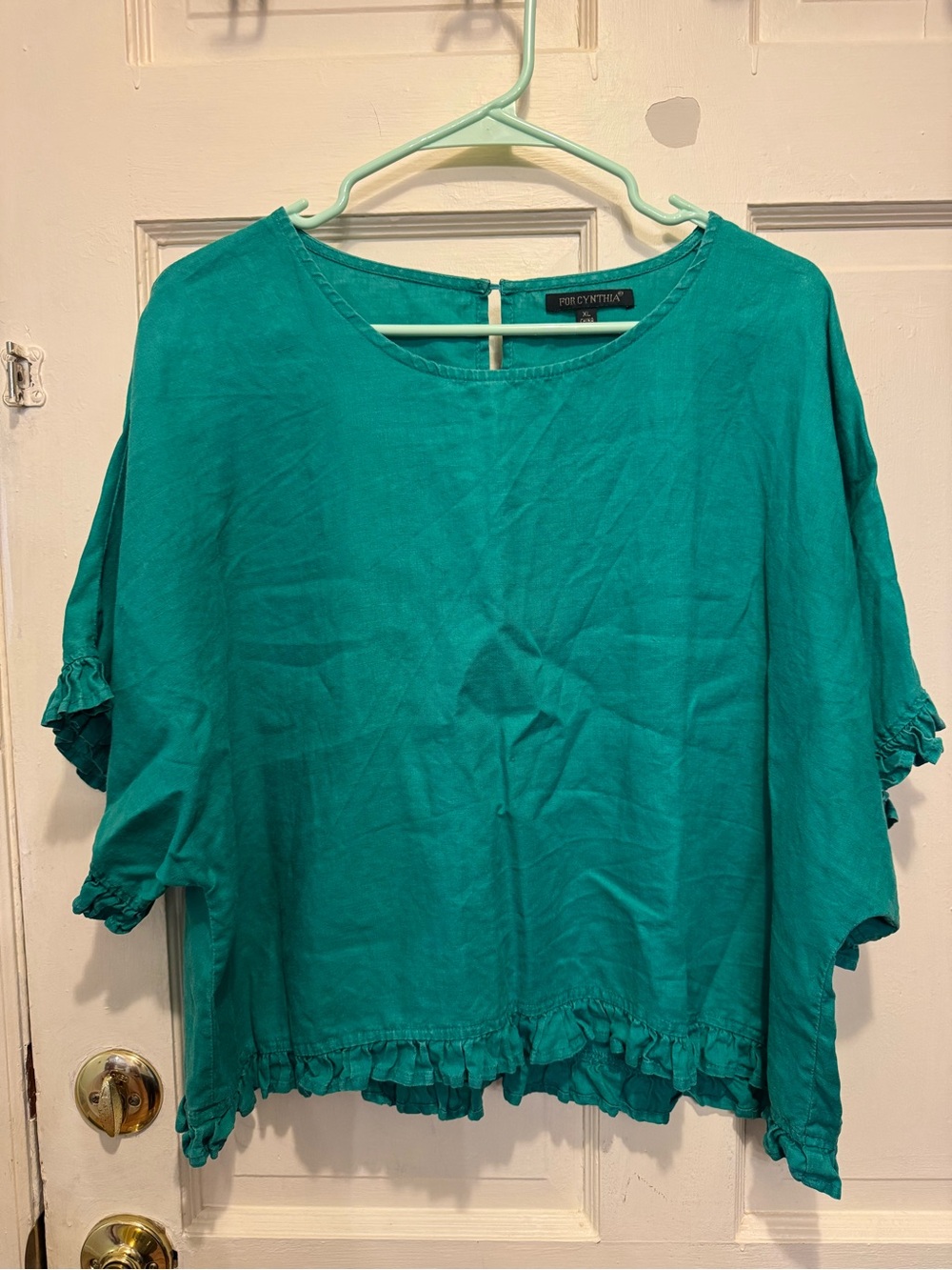 For Cynthia Green Ruffle-Hem Short Sleeve Blouse